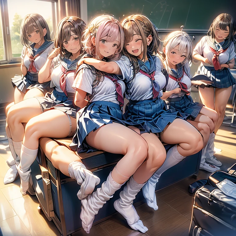 nswf:1.3,(masterpiece: 1.2, highest quality, masterpiece, Clearer images), (bright colors), ((Take clear photos even from a distance)), (multiple girls), (harem), (School classmates), (((All school uniforms have the same design))), (((Everyone is wearing the same dark blue skirt))), ((18-year-old)), ((prostitution woman)), (Prostitution Accommodation), (cute Japanese((6 girls))), (((infant&#39;face))), ((group shot)), (group selfie), ((buttocks visible from thighs))、 (Full body diagram from head to toe), front, frontComposition from slightly below, symmetry, 18-year-oldの背の高い女の子, alone, (whole body from head to toe),wide angle, soft light, ((((laugh with your mouth wide open)))), (normal size breasts), ((prostitution)), (lure), ((viewers love it)), (((A lot of hearts are flying))), landscape、((((spread legs:1.5)))、((female masturbation:1.8))、((Chest grab:1.3)),(((good lift:1.4)))、(((show something good:1.5)))、(skirt lift:1.3) 、closed one eye、stick one out&#39;&#39;s crotch、((youth))、((((Knee-length white loose socks))))、(((classroom)))、(((sitting on the desk)))
