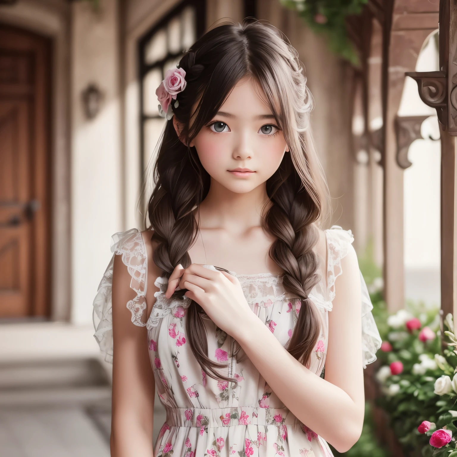 （Loose fluffy long hair braid，）（beautiful girl，）（floral dress，）（Western-style building，）（Roses，）（delicate eyes，）（delicate fingers，）（highest quality，）（highest quality，）realistic images、realistic、1 girl、