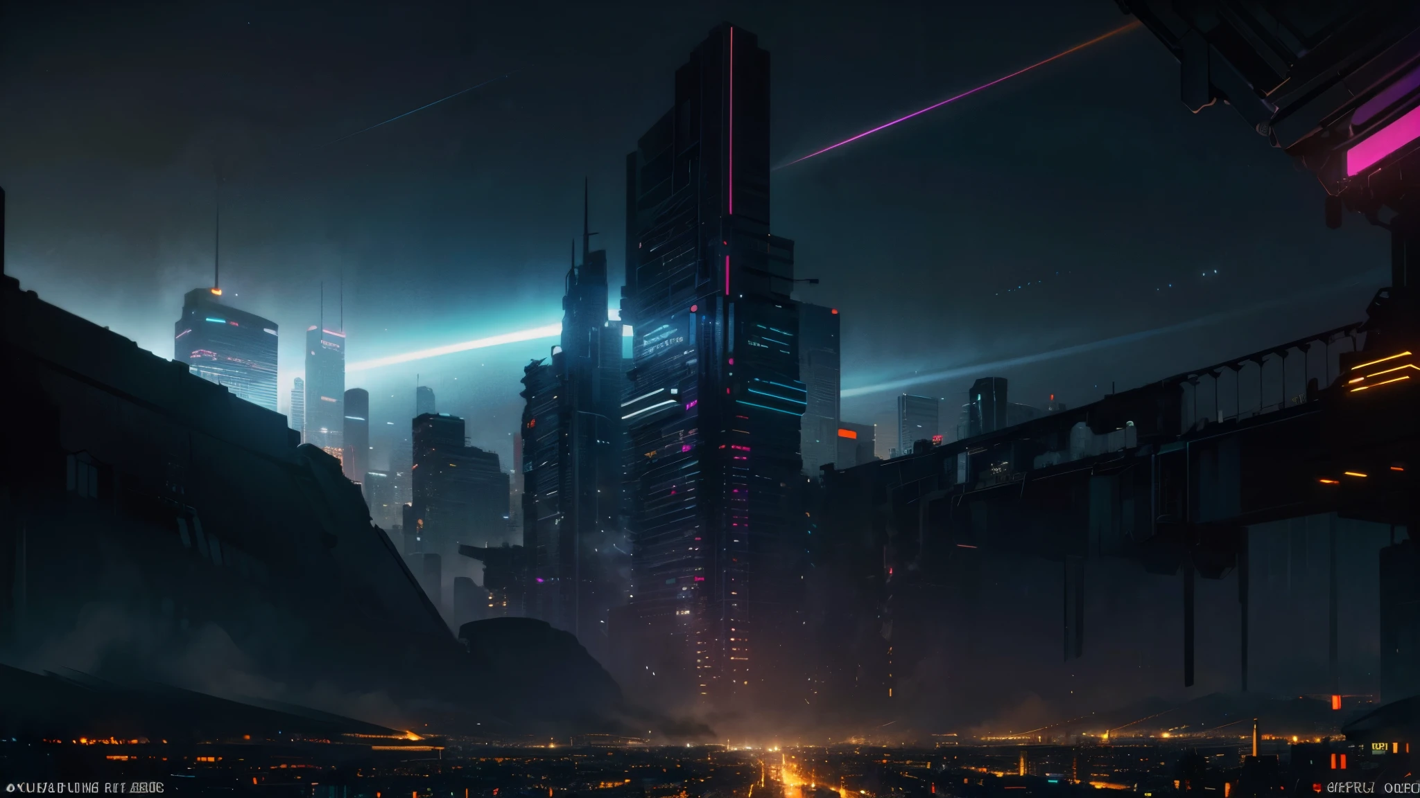 (masterpiece, best quality), illustration, concept art, landscape, wide angle shot, sprawling cyberpunk city, at night, huge skyscrapers, blue and tourqoise neon lights, ambient glow, (earth in the sky:1.2), stars, (cinematic:1.1), intricate details, dynamic colours, rich palette, (skyline:1.2), futuristic, techno gothic, 