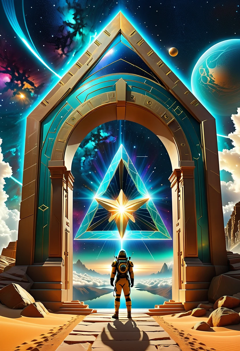 Giant triangle cybernetics，Magnificent cosmic starry sky background，Intricate illustration in surreal art style，surreal dream，Dubrec style，Transparent geometric shape close-up，（multiple exposure：1.8），A man stood in the doorway，Alphad&#39;s image with a star in the sky, Entering the ethereal realm, A portal to another universe, The gateway to the ethereal realm, artgem and beeple masterpiece, portal to another dimension, futuristic stargate, door to universe, Movie Bee, Jessica Rossier Fantasy Art