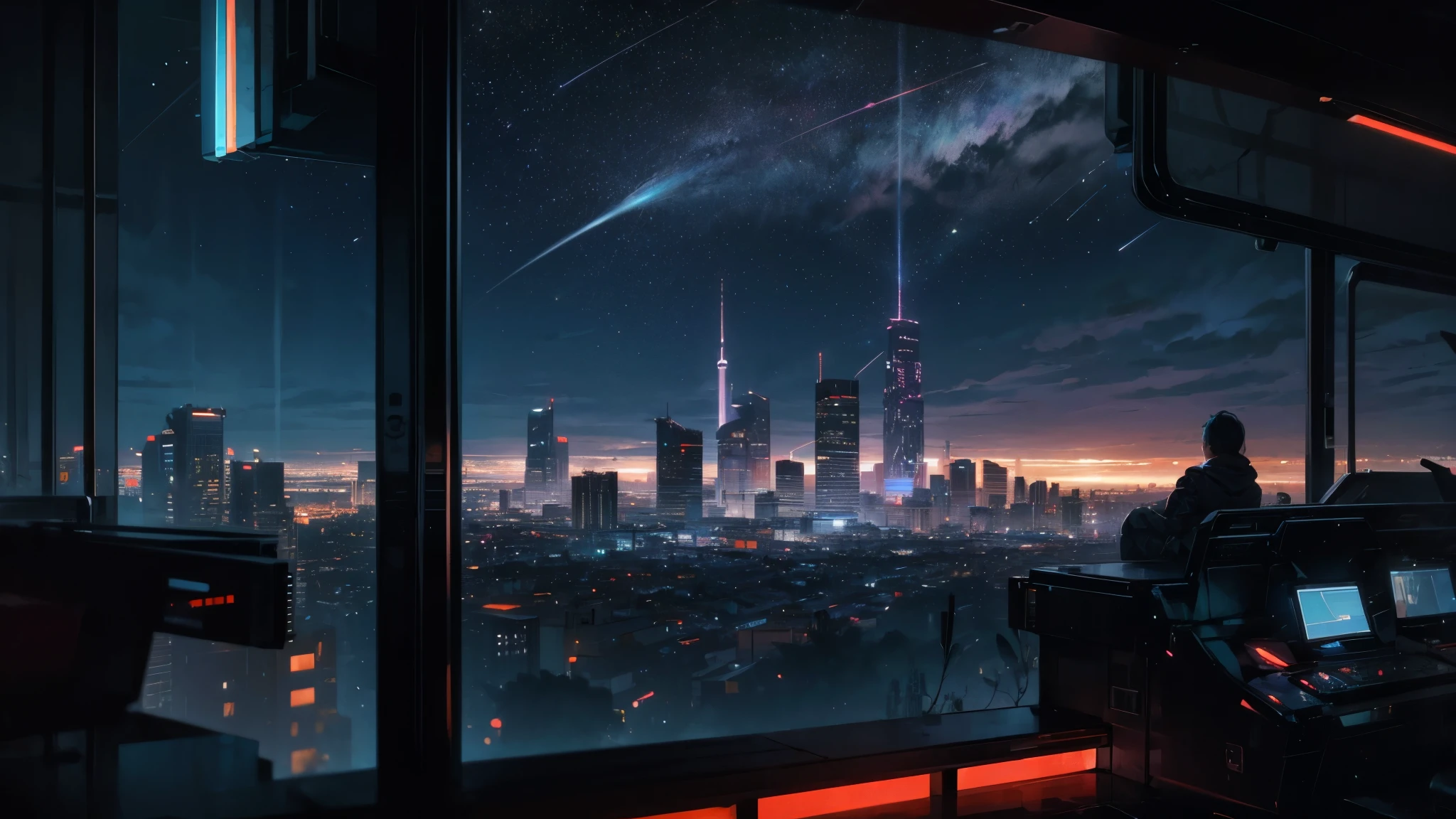 (masterpiece, best quality), illustration, concept art, landscape, wide angle shot, sprawling cyberpunk city, at night, huge skyscrapers, blue and tourqoise neon lights, ambient glow, (earth in the sky:1.2), stars, (cinematic:1.1), intricate details, dynamic colours, rich palette, (skyline:1.1), futuristic, techno gothic, 