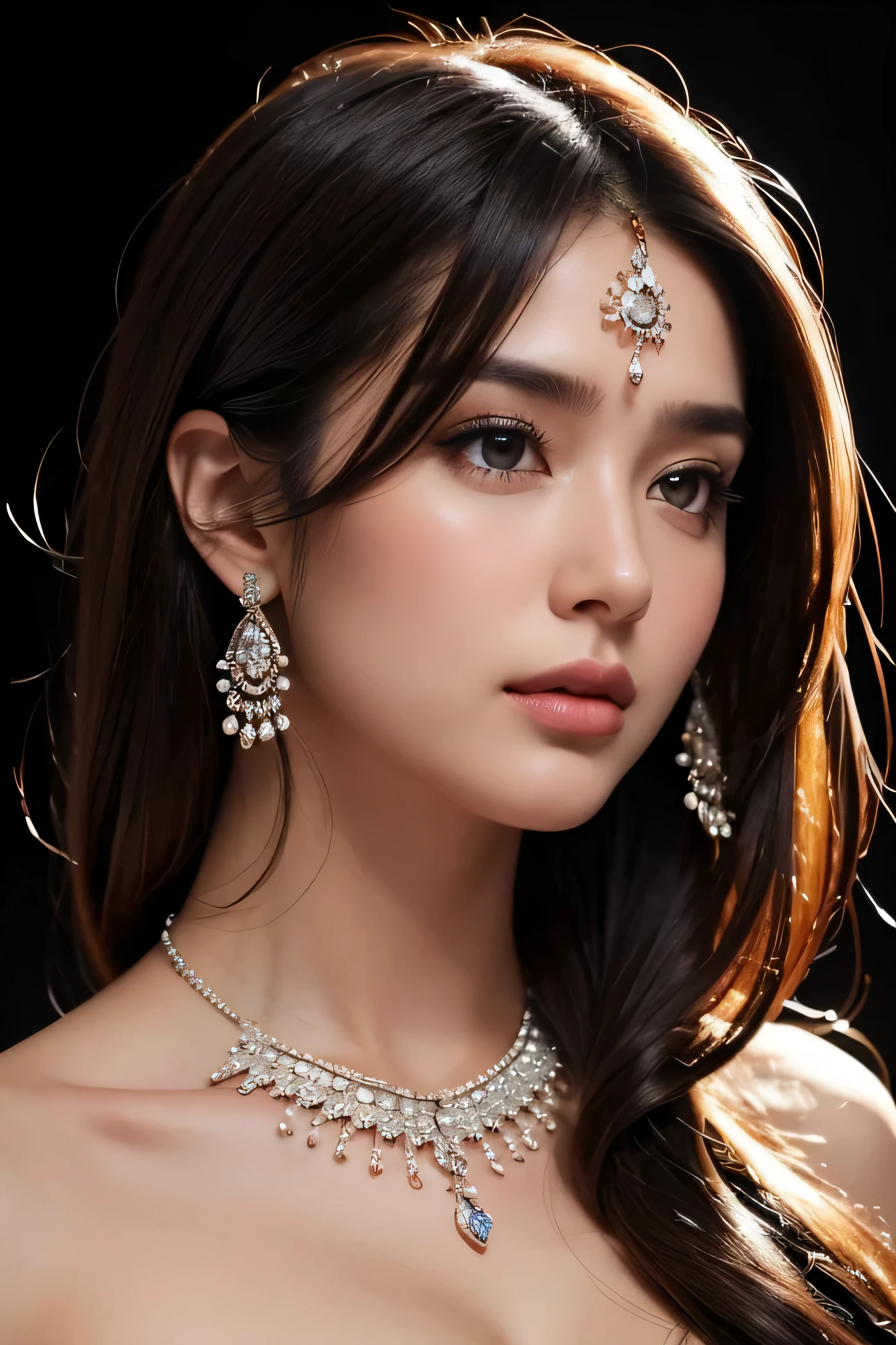 Arafe woman wearing sari and necklace, complex set, wearing a classy (white) Button shirt, intricate details. from the front, black gem, detailed jewelry, high intricate details, hand jewelry model pictures, close portrait, complex beauty, intricate jewelry, side view intricate details, masterpiece, 最high quality, high quality, High resolution, beautiful face、(realistic face)、realistic eyes、beautiful detailed eyes、realistic skin、beautiful skin、Super realistic、very detailed、beautiful lighting、sharp focus、various poses、超detailed face、fine aiole hair、brown hair、long hair、beautiful hairstyle、detailed face、chest exposure、cleavage、(big breasts)、((close up of face))、incredibly stupid, ridiculous, (((black background)))