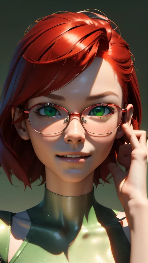 (ultra realistic, Best quality, masterpiece, perfect face) short, Red hair, green eyes, metal frame glasses smile, cute 15 years...