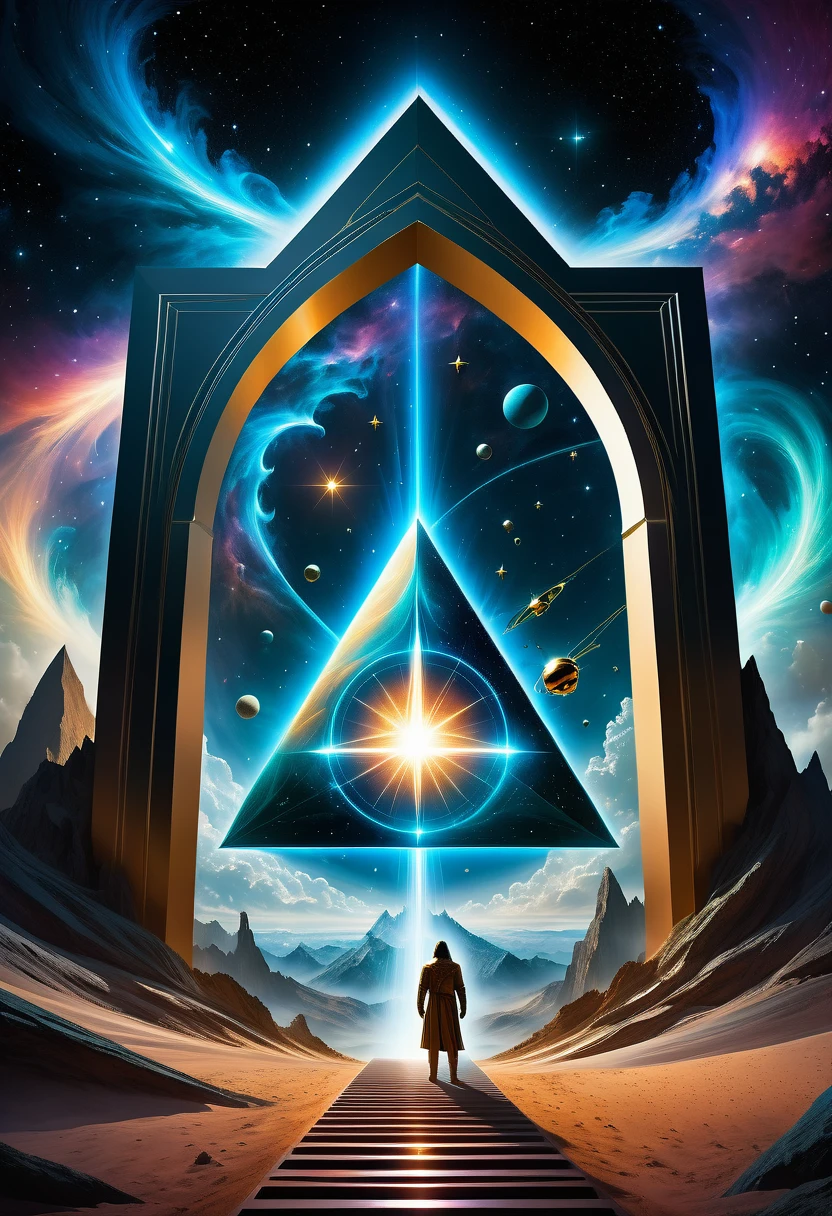 Giant triangle cybernetics，Magnificent cosmic starry sky background，Intricate illustration in surreal art style，surreal dream，Dubrec style，Transparent geometric shape close-up，（multiple exposure：1.8），A man stood in the doorway，Alphad&#39;s image with a star in the sky, Entering the ethereal realm, A portal to another universe, The gateway to the ethereal realm, artgem and beeple masterpiece, portal to another dimension, futuristic stargate, door to universe, Movie Bee, Jessica Rossier Fantasy Art