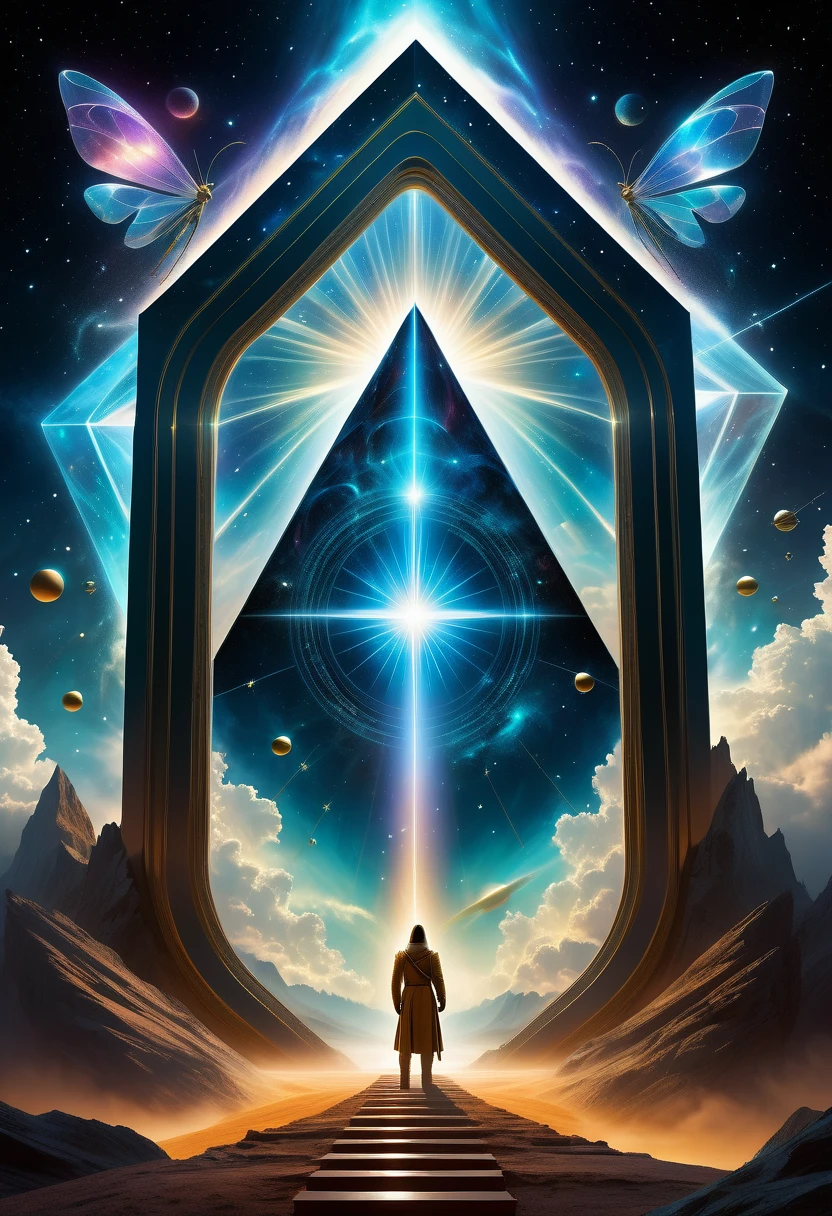 Giant triangle cybernetics，Magnificent cosmic starry sky background，Intricate illustration in surreal art style，surreal dream，Dubrec style，Transparent geometric shape close-up，（multiple exposure：1.8），A man stood in the doorway，Alphad&#39;s image with a star in the sky, Entering the ethereal realm, A portal to another universe, The gateway to the ethereal realm, artgem and beeple masterpiece, portal to another dimension, futuristic stargate, door to universe, Movie Bee, Jessica Rossier Fantasy Art