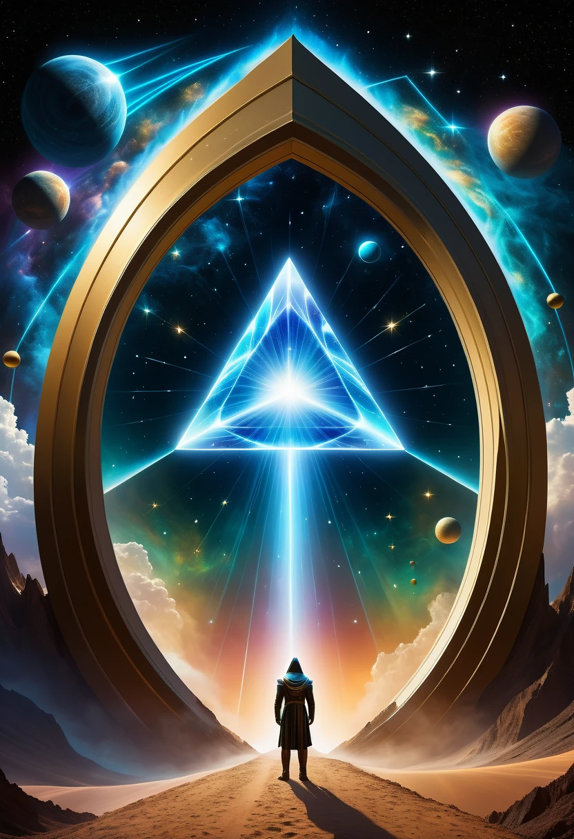 Giant triangle cybernetics，Magnificent cosmic starry sky background，Intricate illustration in surreal art style，surreal dream，Dubrec style，Transparent geometric shape close-up，（multiple exposure：1.8），A man stood in the doorway，Alphad&#39;s image with a star in the sky, Entering the ethereal realm, A portal to another universe, The gateway to the ethereal realm, artgem and beeple masterpiece, portal to another dimension, futuristic stargate, door to universe, Movie Bee, Jessica Rossier Fantasy Art