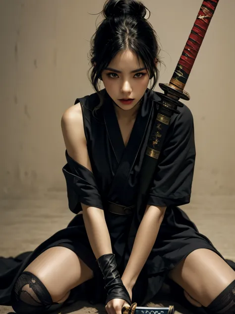 close up, 1girl,solo,holding weapon,katana, 