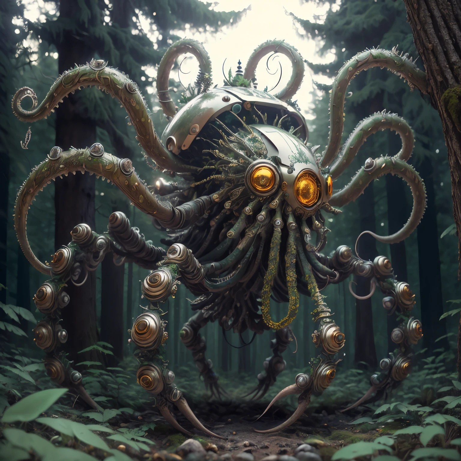 (最high quality, masterpiece, high detail), (8K, high quality, surreal), Octopus cyborg Mech4nim4lAI, (forest), 