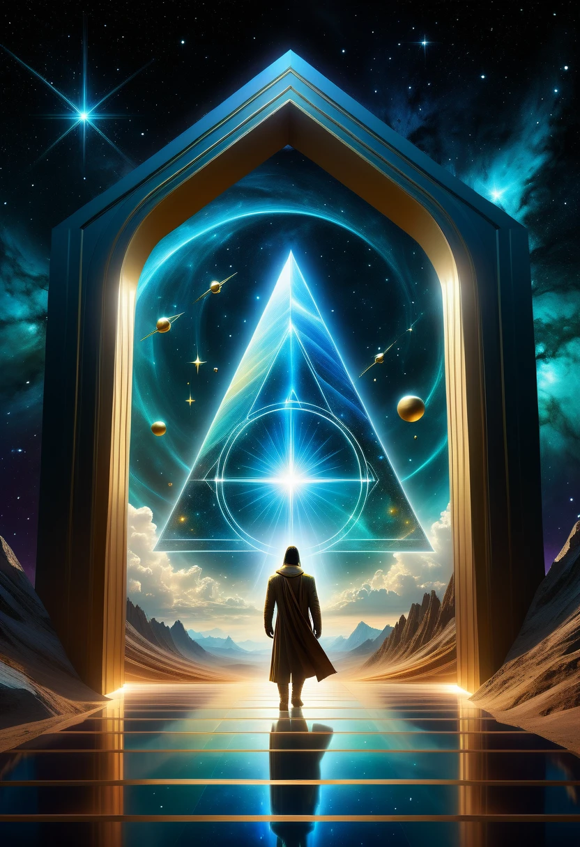 Giant triangle cybernetics，Magnificent cosmic starry sky background，Intricate illustration in surreal art style，surreal dream，Dubrec style，Transparent geometric shape close-up，（multiple exposure：1.8），A man stood in the doorway，Alphad&#39;s image with a star in the sky, Entering the ethereal realm, A portal to another universe, The gateway to the ethereal realm, artgem and beeple masterpiece, portal to another dimension, futuristic stargate, door to universe, Movie Bee, Jessica Rossier Fantasy Art