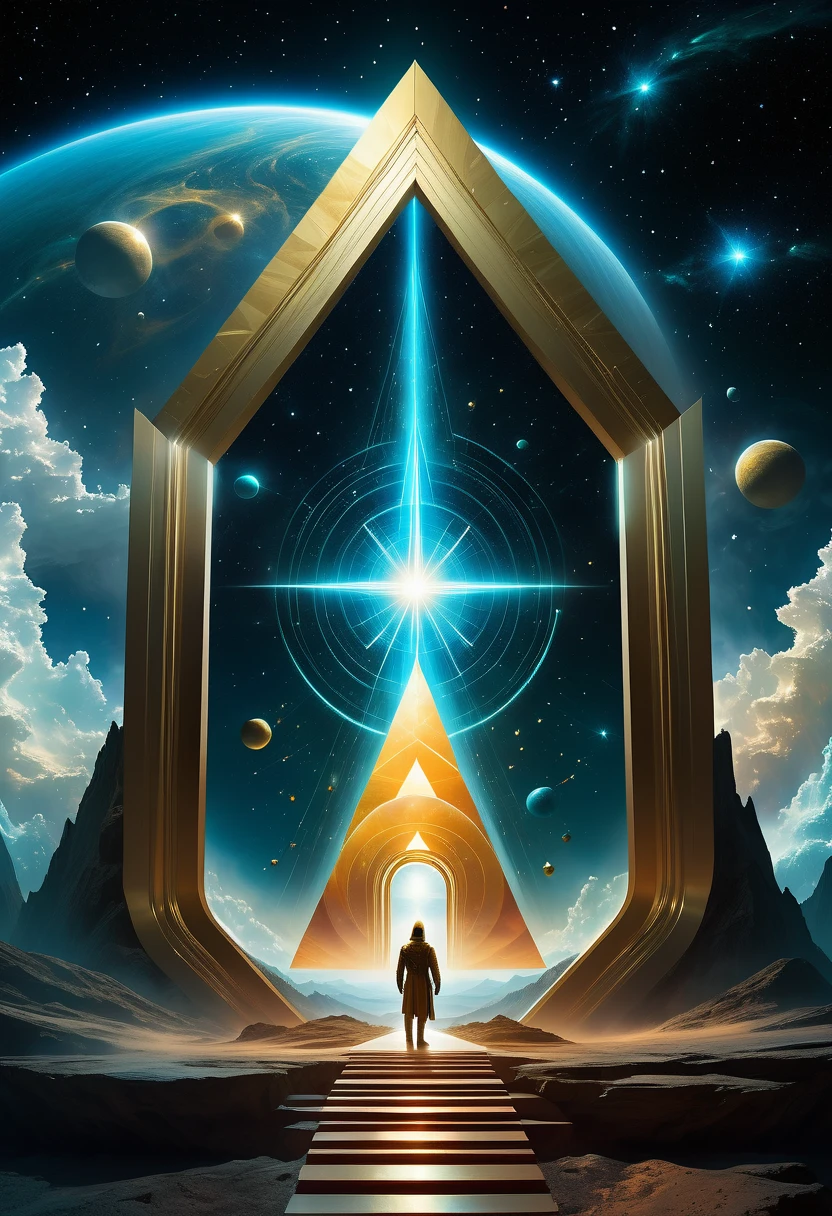 Giant triangle cybernetics，Magnificent cosmic starry sky background，Intricate illustration in surreal art style，surreal dream，Dubrec style，Transparent geometric shape close-up，（multiple exposure：1.8），A man stood in the doorway，Alphad&#39;s image with a star in the sky, Entering the ethereal realm, A portal to another universe, The gateway to the ethereal realm, artgem and beeple masterpiece, portal to another dimension, futuristic stargate, door to universe, Movie Bee, Jessica Rossier Fantasy Art