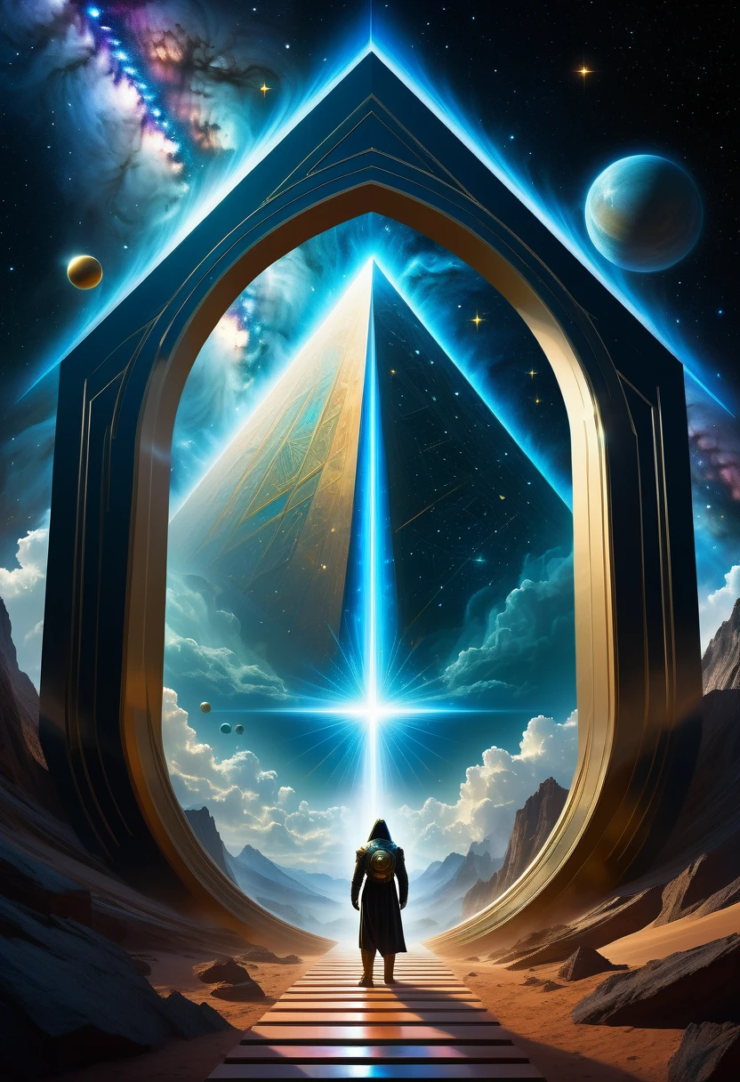 Giant triangle cybernetics，Magnificent cosmic starry sky background，Intricate illustration in surreal art style，surreal dream，Dubrec style，Transparent geometric shape close-up，（multiple exposure：1.8），A man stood in the doorway，Alphad&#39;s image with a star in the sky, Entering the ethereal realm, A portal to another universe, The gateway to the ethereal realm, artgem and beeple masterpiece, portal to another dimension, futuristic stargate, door to universe, Movie Bee, Jessica Rossier Fantasy Art