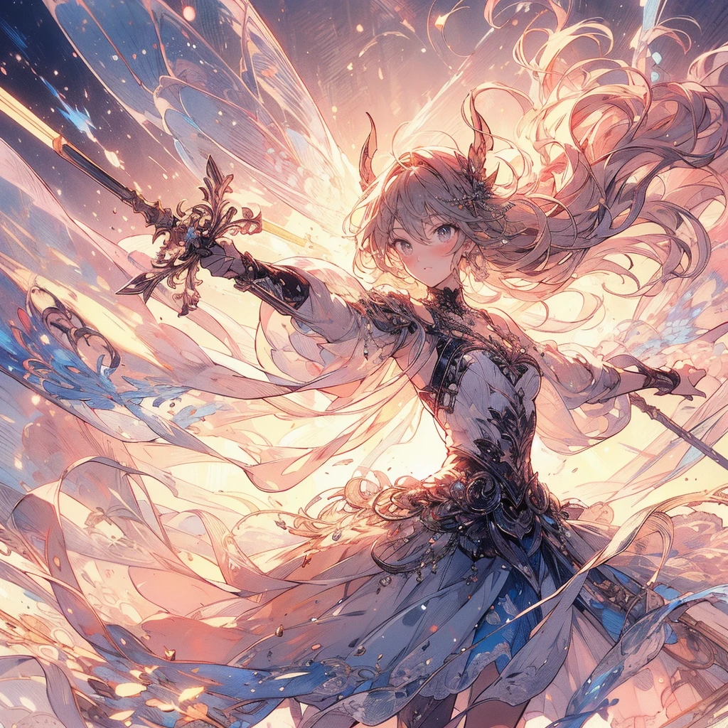 (exquisite, beautiful, very detailed, masterpiece, high quality,High resolution),(soft thin lines:1.2, beautiful and delicate face),dynamic angle,Incandescent battle scene,A brave and somewhat scarred fairy princess knight is fighting with a two-handed sword imbued with the magic of Inflammation.,The whole body is slightly dirty with dust and scratches.,inflammation,sparks,body whole,from far away,Beautiful, clear fairy wings growing from her back, burn,There is a sense of ambition,((Armored red dress with inflammation motif,lace and jewels and frills)),(The ends of my hair look like inflammation,The tips of the hair shine),(earrings,Beautiful choker,Gold ankles),(deep pink cheeks,plump pink lips,pointed ears,Fair skin, slim), (Severe,battle scene,fantasy),mature,serious atmosphere,Wear dark magic,dark background