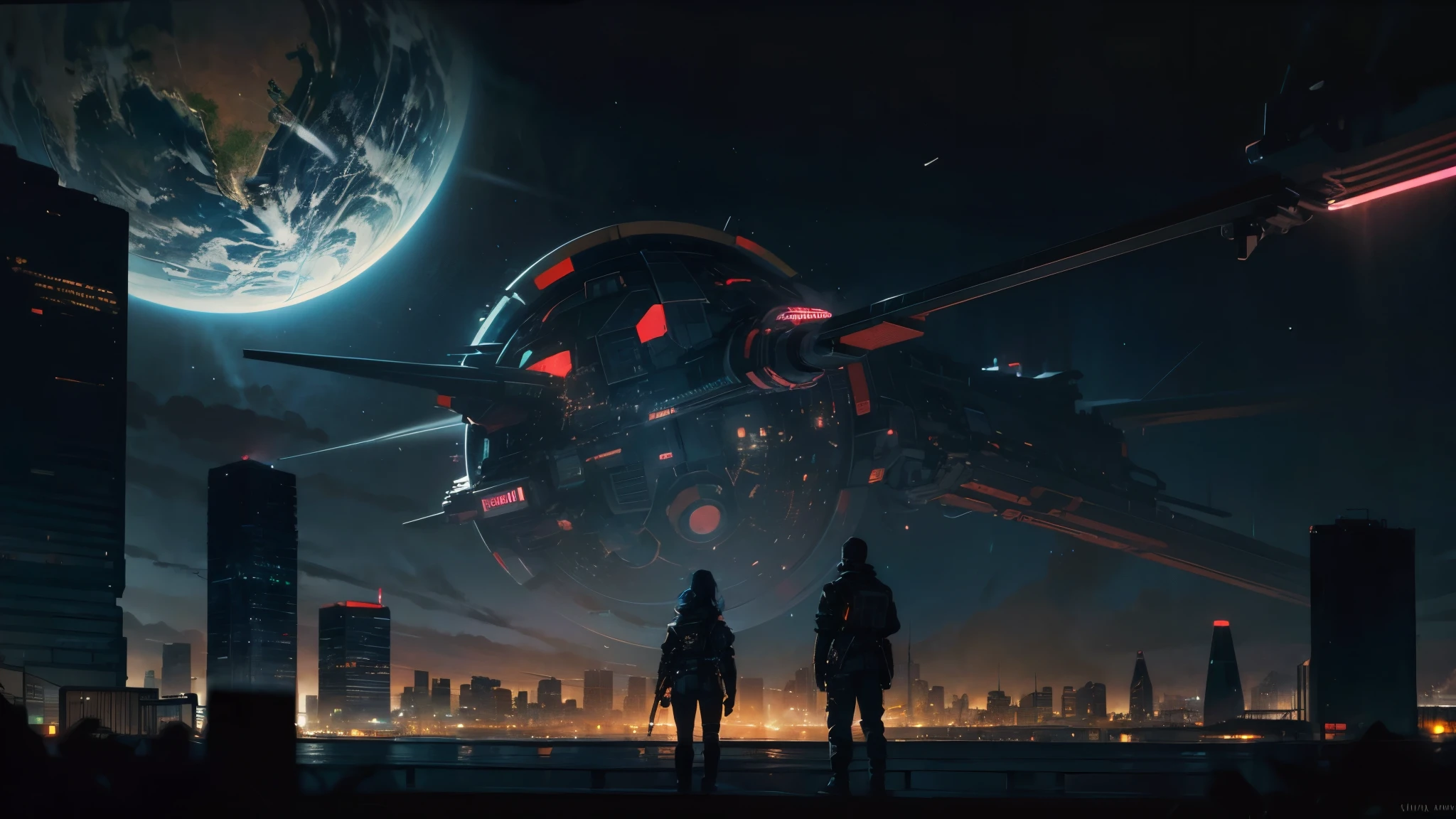 (masterpiece, best quality), illustration, concept art, landscape, wide angle shot, sprawling cyberpunk city, at night, huge skyscrapers, blue and tourqoise neon lights, ambient glow, (earth planet in sky:1.3), stars, (cinematic:1.1), intricate details, dynamic colours, rich palette, (skyline:1.1), futuristic, techno gothic, tall buildings, bladerunner,  