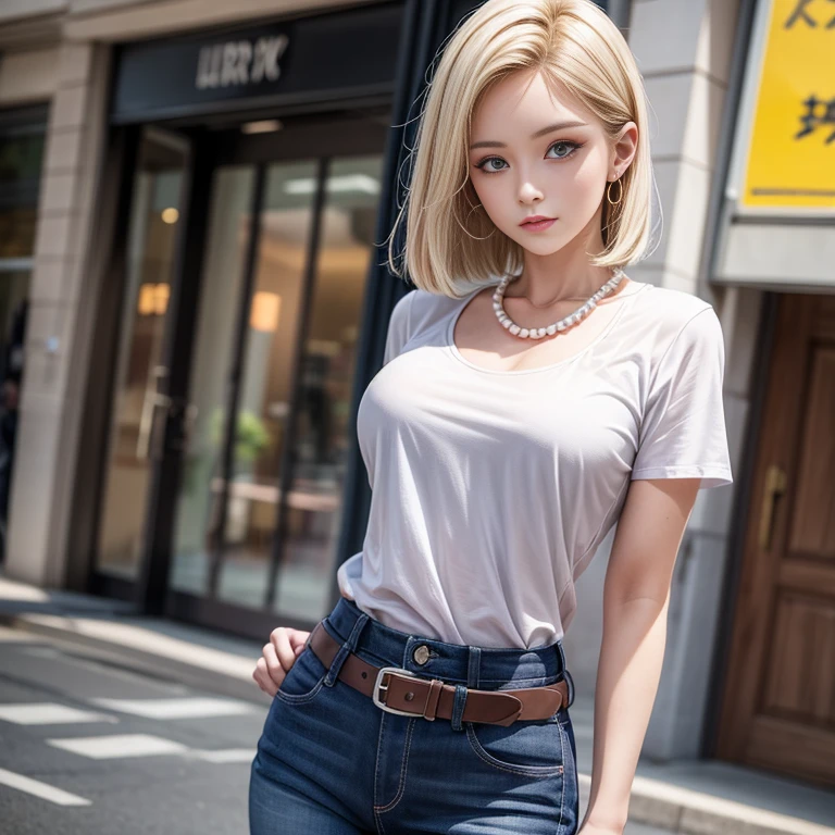 best qualtiy、Hi-Res、and18、1 girl、Android 18、solo、blonde  hair、narrow, blue eyes、a belt、JINS、Pearl Necklace、A bracelet、Black Gloves、white  shirt、short-hair、shortsleeves、earrings、Blue Pants、Open Best、Black vest, Colossal tits, cowboy  shot, Street, Straight,Put your hands on your hips
,fit clothes,