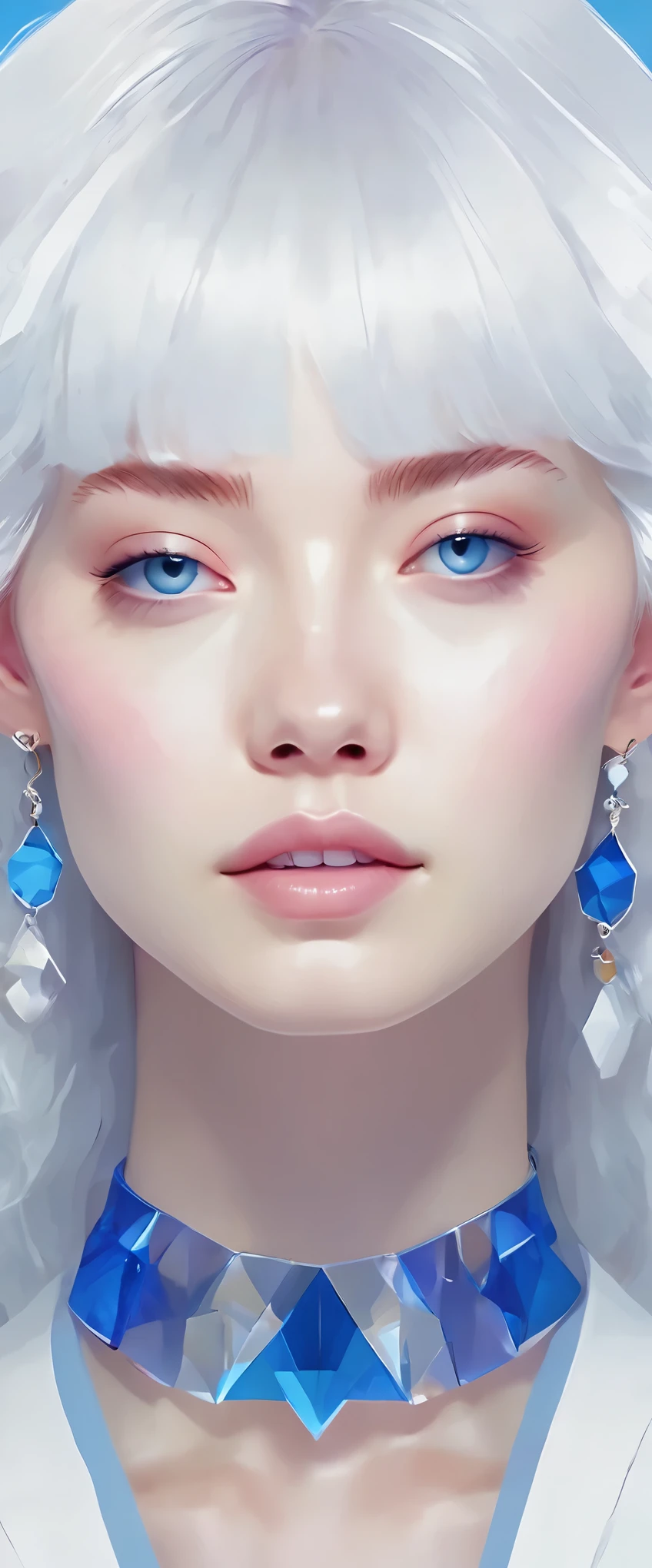 minimalist，fashion girl，white hair，blue background，Wearing special earrings，Bohemian style，Defined eyelashes，Full bright blue eyes，clean通透的眼珠，close up，Portrait facing camera，Smile flat illustration，Geometry，clean，japanese manga