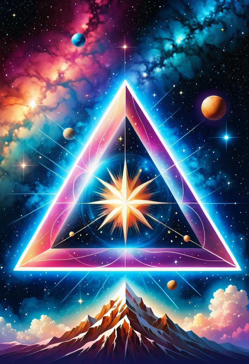 Giant triangle cybernetics，Magnificent cosmic starry sky background，Intricate illustration in surreal art style，surreal dream，Dubrec style，Transparent geometric shape close-up，（multiple exposure：1.8），