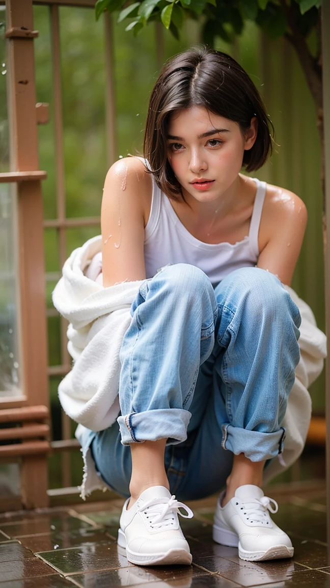 best image quality, masterpiece, super high resolution, (fidelity:1.4), photo, 1 girl, white shirt, torn jeans, white sneakers, dim, darkness, despair, pity, poor, movie, tears, teardrops, (torn clothes:1.5), (wet clothes:1.4), bare shoulders, real rain, wet hair, short hair