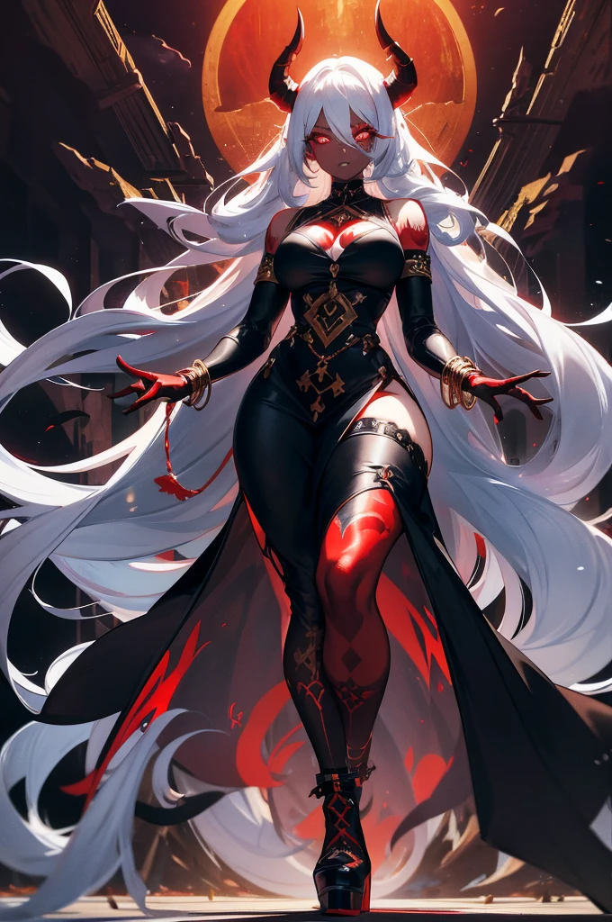 demoness, black skin, long white hair, moving and glowing runic red tattoos across her body, hair appears as if it's made of smoke, two short black horns, eyes mesmerizing mix of red and gold, tall curvy figure, 10ft tall, flowing black dress, long white gloves that reach to her elbows, high white boots