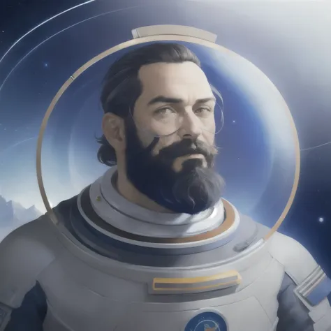 (a portrait of a man:1.1), astronaut, beard, observe the earth in space, background space, amazing, very detailed, number, art s...