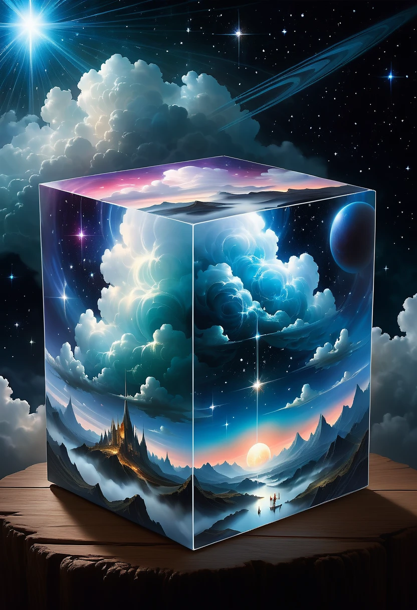 Bosch style, Translucent cube captures eerie clouds, the Starscape warps, Time warp, Surrealism prevails, Star, luminescent, Glittering