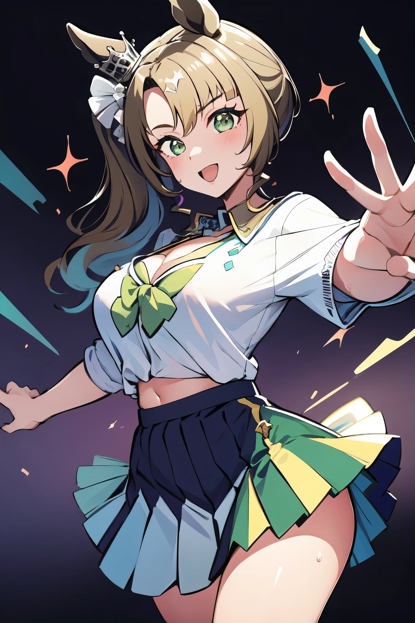 masterpiece, best quality, 1girl, solo, breasts, cleavage, satonocrown, (side ponytail), (horse girl, horse ears), horse tail, looking at viewer, sweat, large breasts, tied shirt, collared shirt, pleated skirt, flashy gyaru, happy, showy,too many accessories, colorful , kogal, kogal gyaru, bra peek, leopard print,