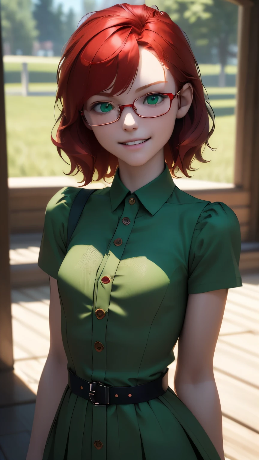 (ultra realistic, Best quality, masterpiece, perfect face) short, Red hair, green eyes, metal frame glasses smile, green shirt-dress with buttons, bare chest, cute 15 years old, middle , flirting on camera. photorealism. unreal engine. 3D model. Ultra high quality textures. 8k resolution