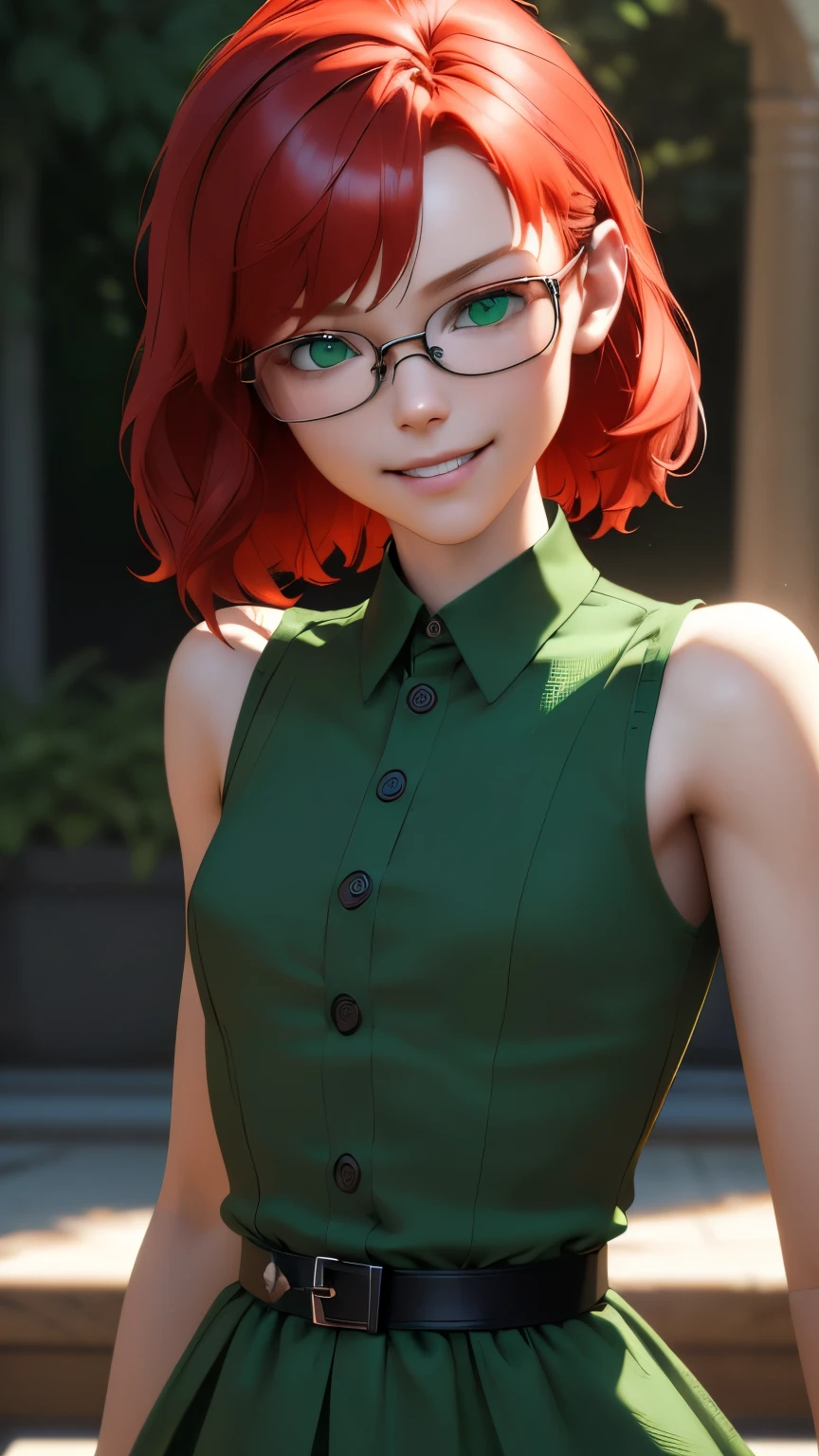 (ultra realista, mejor calidad, obra maestra, cara perfecta) corto, cabello rojo, ojos verdes, Gafas con montura de metal sonrisa, vestido camisero verde con botones, pecho desnudo, lindo , medio , coqueteando en cámara. photorealism. Motor irreal. 3D model. Texturas de ultra alta calidad. resolución 8k