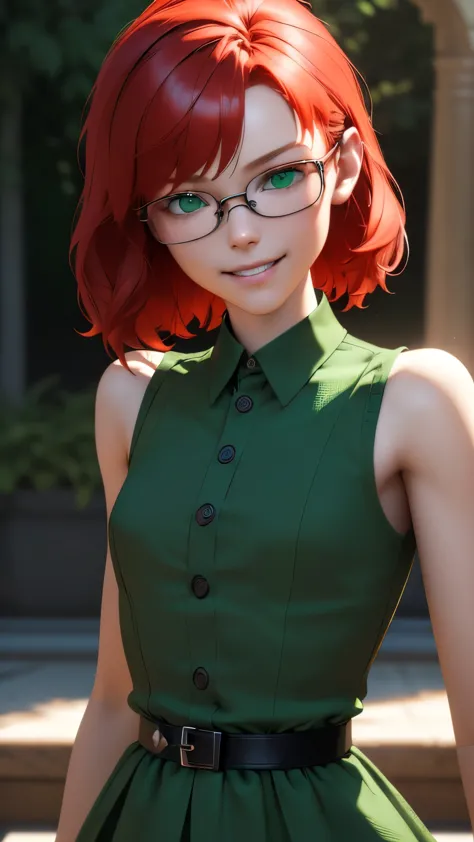 (ultra realistic, Best quality, masterpiece, perfect face) short, Red hair, green eyes, metal frame glasses smile, green shirt-d...