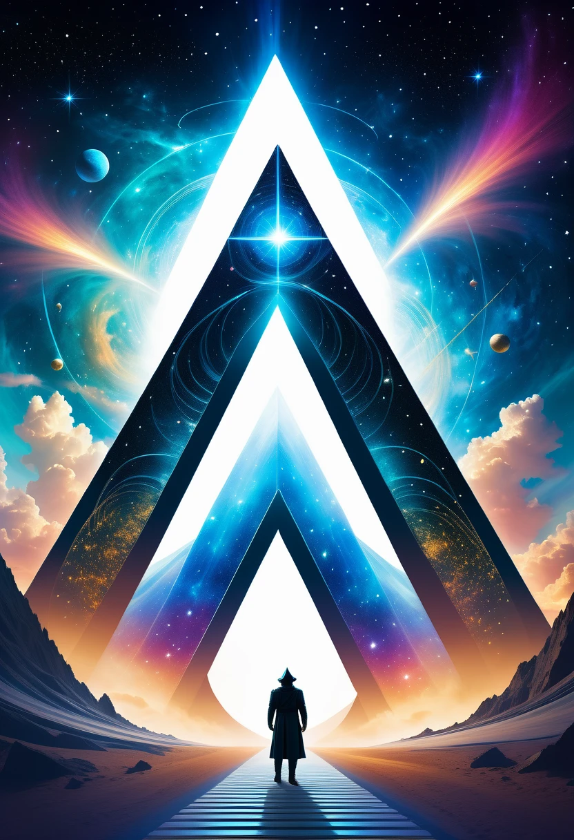 Giant triangle cybernetics，Magnificent cosmic starry sky background，Intricate illustration in surreal art style，surreal dream，Dubrec style，Transparent geometric shape close-up，（multiple exposure：1.8），A man standing at the entrance，Alphad&#39;s image with a star in the sky, Entering the ethereal realm, A gateway to another universe, The passage to the ethereal realm, artgem and beeple masterpiece, A stargate to another dimension, futuristic stargate, cosmic eye, Movie Bee, Jessica Rossier Fantasy Art