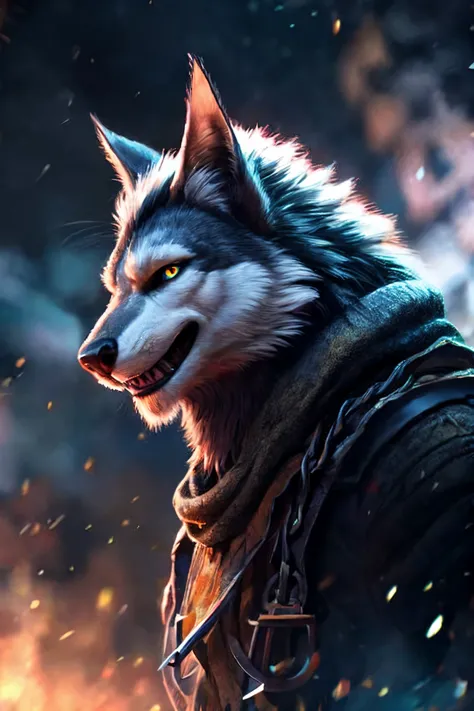 un lobo con una chaqueta de cuero y una cadena alrededor del cuello, cara de lobo antro, lobo peludo, dramatic and detailed cine...