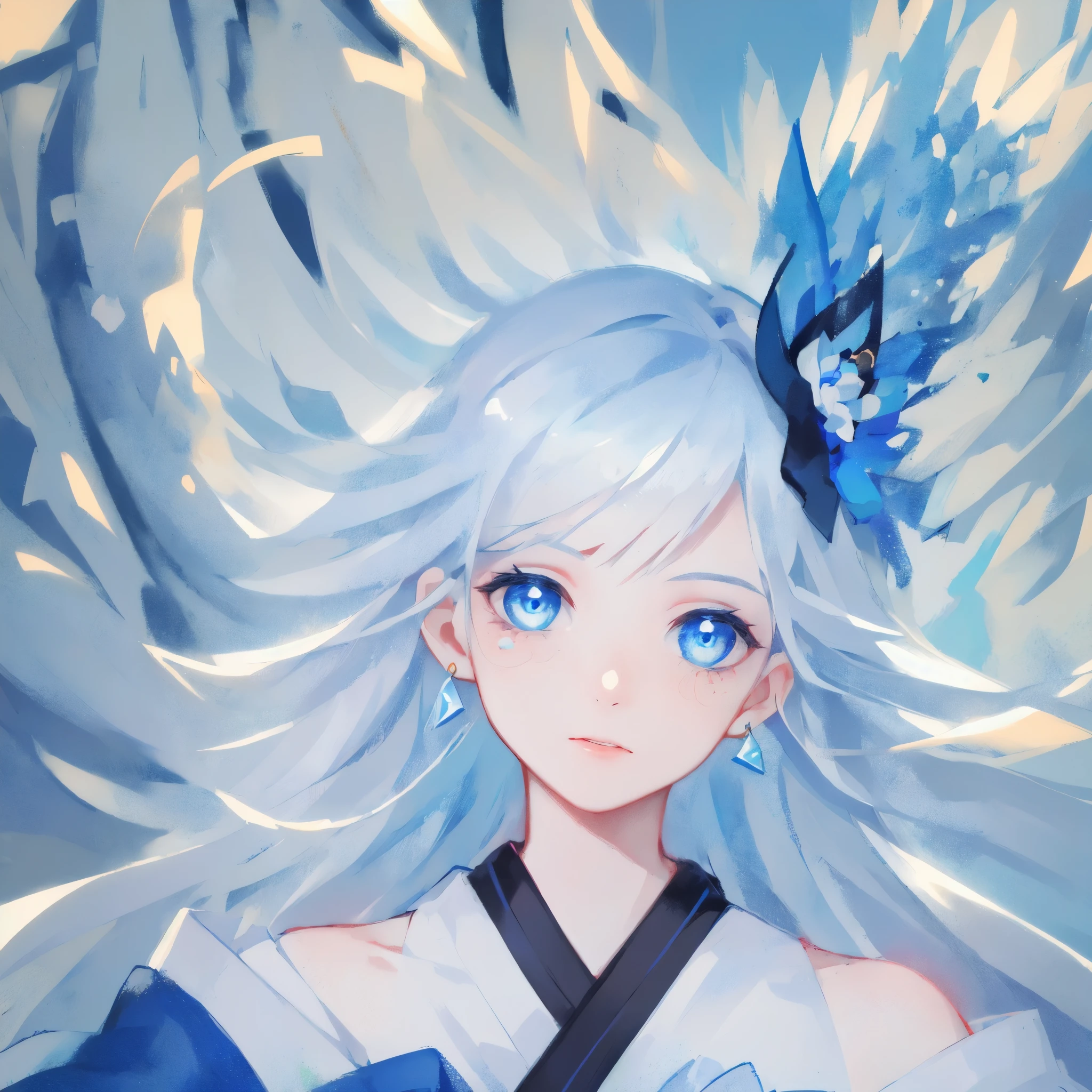 masterpiece, best quality, illustration, (dynamic lighting:1.2), cinematic lighting, delicate facial features, detailed eyes, sharp pupils, realistic pupils, depth of field, bokeh, sharp focus, (hyper-detailed, bloom, glow:1.4), many small gems,  ,1girl, japanese kimono, bare shoulder, light blue hair, extremely long hair, blue eyes, hair ornament, blue ribbon, blue earring