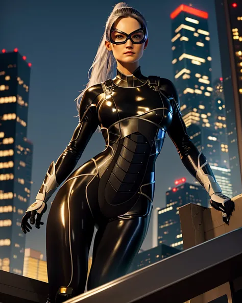 at night, skyscrapers, on rooptop,
feliciacat, Minka Kelly  , full body photo, jump,attack, dynamic pose,
mask , serious, long h...