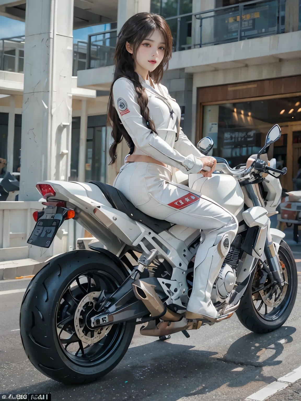 (realistic:1.5), (realistic:1.4), 8K, Ultra-high-definition beauty 1 person, intricate body details, (highest quality: 1.0), (Super high sharpness: 1.0), (thin hair:1.4),（Beautiful and delicate depiction of eyes）,((((riding a motorcycle)))),unreal engine:1.4,photorealistic:1.4, skin texture:1.4, masterpiece:1.8,highest quality at best, ((full body shot))、(((White rider suit, long leather pants and racing boots)))、long limbs、smile、((braided hair))