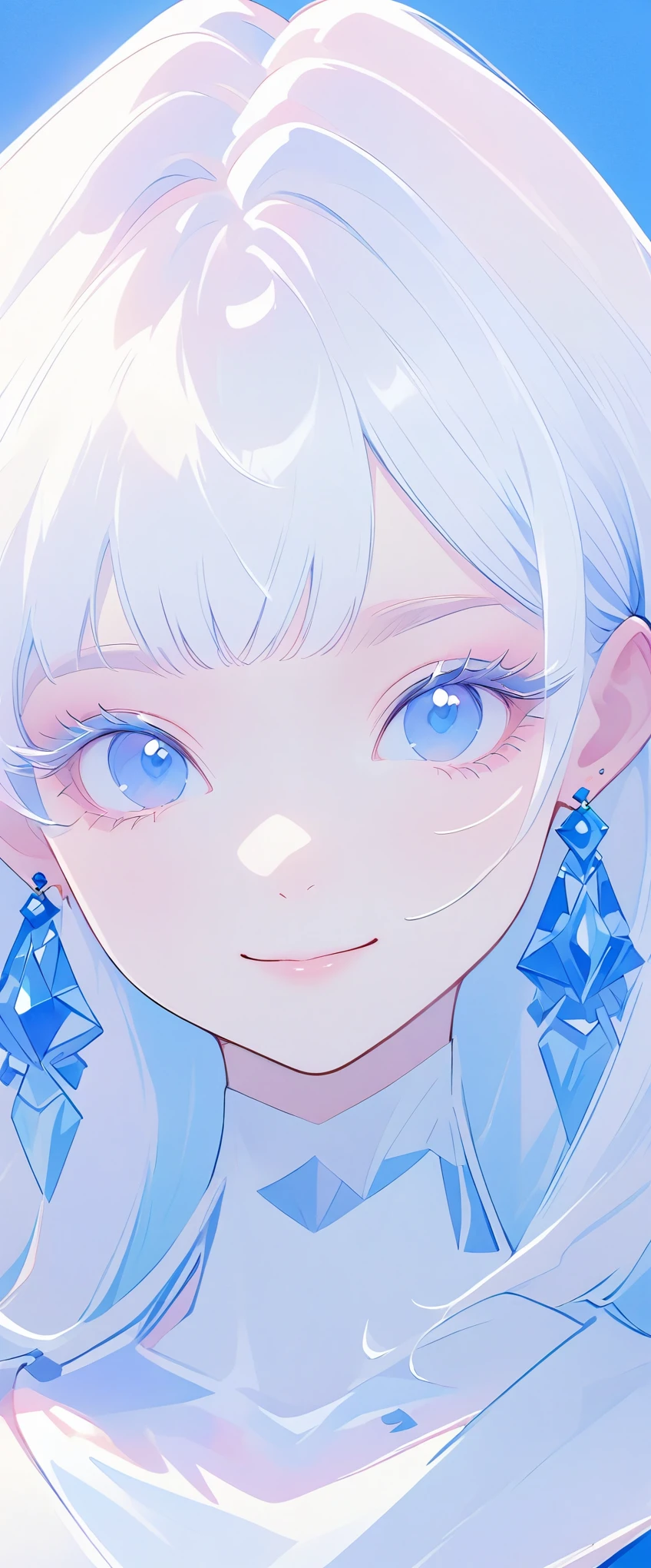 minimalist，fashion girl，white hair，blue background，Wearing special earrings，Bohemian style，Defined eyelashes，Full bright blue eyes，clean通透的眼珠，close up，Portrait facing camera，Smile flat illustration，Geometry，clean，japanese manga