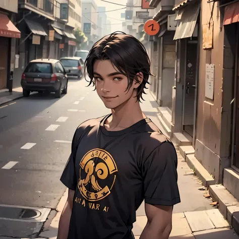camiseta color negro camiseta ajustada al cuertpo ultra realista, 16-year-old boy with cinnamon-brown skin, cuerpo atletico toni...