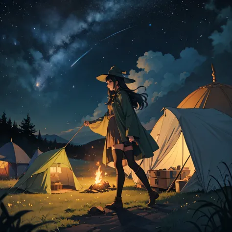 Snufkin,adult woman,long hair,black hair,curl,witch,night,under the starry sky,masterpiece,High resolution,beautiful face,lipsti...