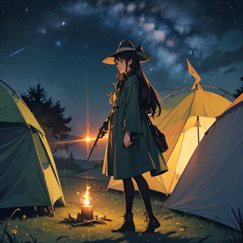 Snufkin,adult woman,long hair,black hair,curl,witch,night,under the starry sky,masterpiece,High resolution,beautiful face,lipsti...