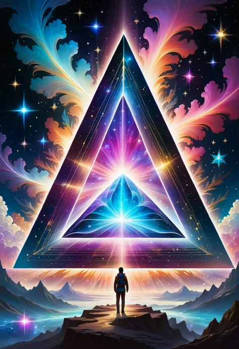 giant triangle cybernetics，magnificent cosmic starry sky background，超现实主义艺术风格的complex插图，surreal dream，dubrec style，transparent g...