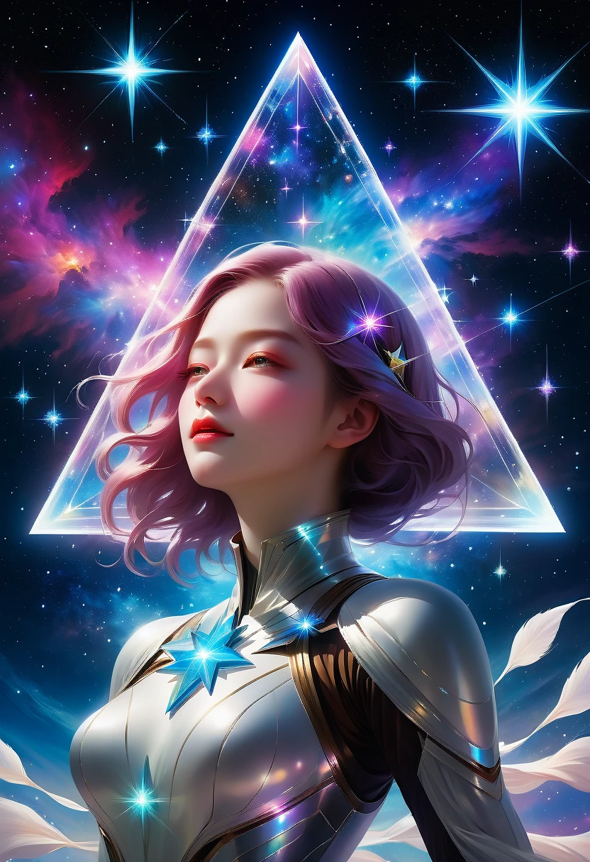 Giant triangle cybernetics，Magnificent cosmic starry sky background，超现实主义艺术风格的complex插图，surreal dream，Dubrec style，Transparent geometric shape close-up，（multiple exposure：1.8），(Starlight Art:1.5)，Dreams of happiness，Bright starlight，bismuth，very beautiful，Encouraging，iridescent，Suggestive digital art，Gorgeously decorated，bioluminescence，grace，picturesque，Ultra-detailed，Beautifully；complex、Surreal concept art，aesthetics，fluency，complex抽象的星空，professional，masterpiece，8K，Ultra HD resolution，best quality，Epic surrealism，epic happy fantasy，史诗般的Starlight Art，Epic future science fiction art，Epic starlight digital illustration