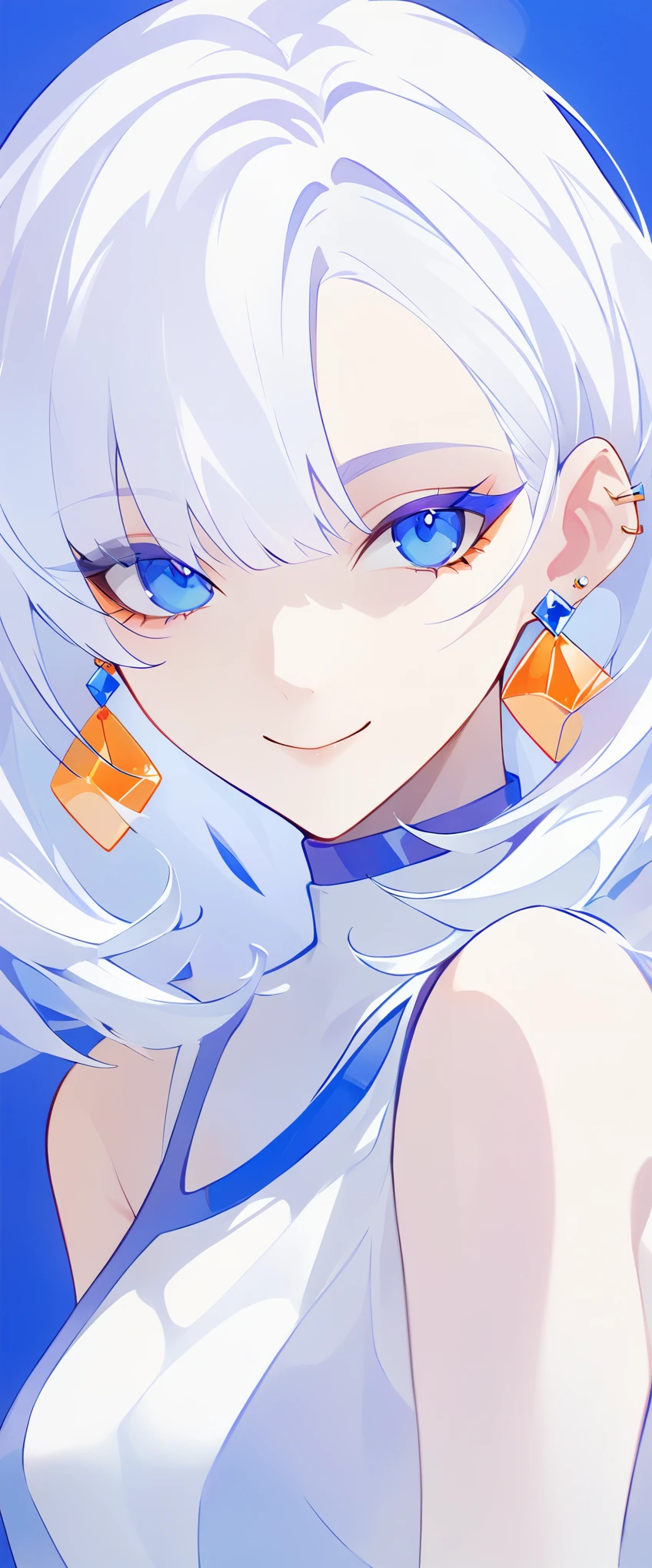 minimalist，fashion girl，white hair，blue background，Wearing special earrings，Bohemian style，Defined eyelashes，Full bright blue eyes，clean通透的眼珠，close up，Portrait facing camera，Smile flat illustration，Geometry，clean，japanese manga