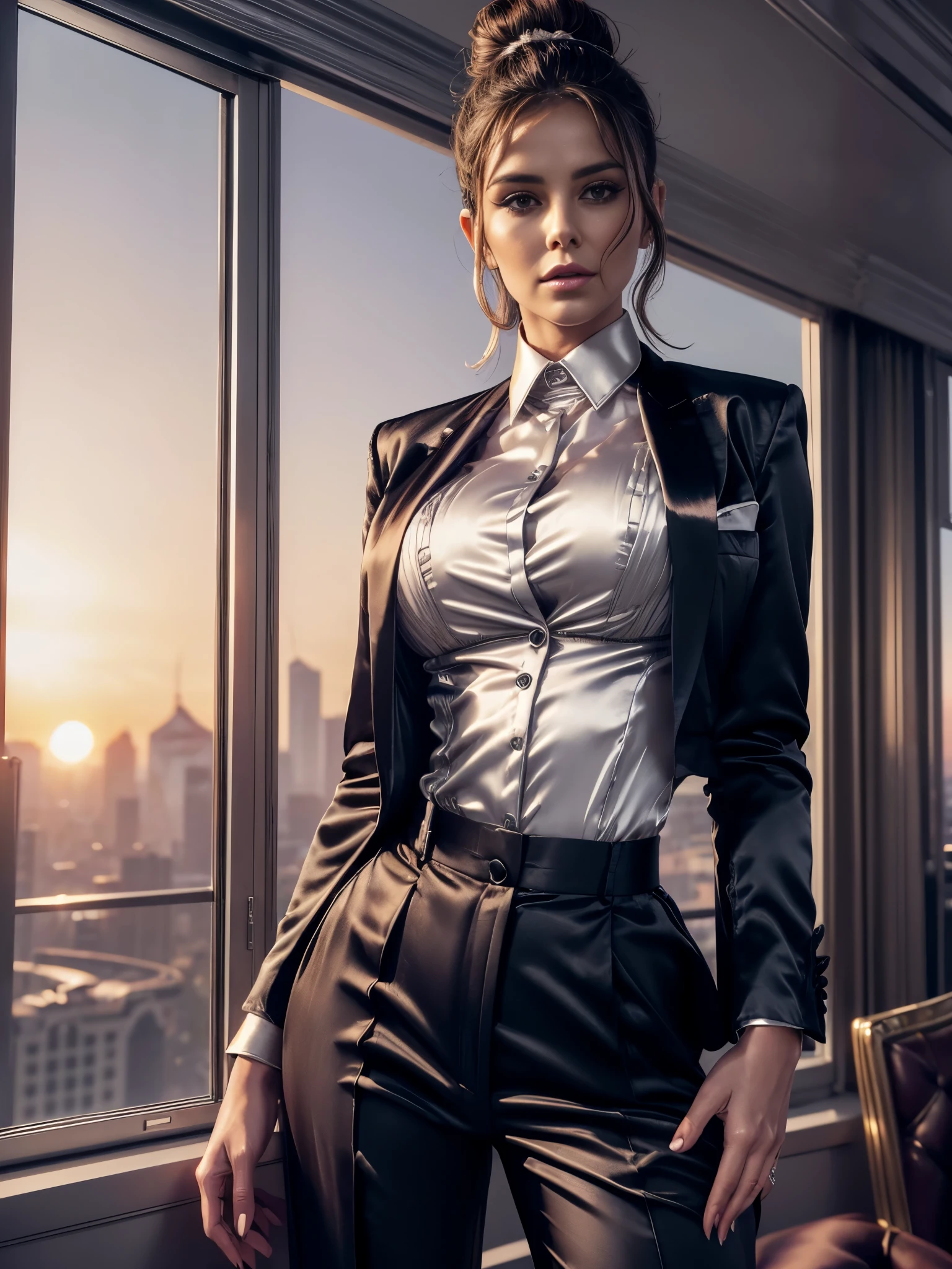 Cheryl Cole as corporate CEO, ((satin formal trousers:1.24)), ((platinum satin shirt:1.25)), ((open unbuttoned blazer:1.23)), high bun wavy hair, fingerless gloves, seductive pose in front of a high rise window, sunset scene, hourglass figure, fit, seductive face, look at camera and wink, soft volumetric lights, intricate details, (ArtStation:1.2), 