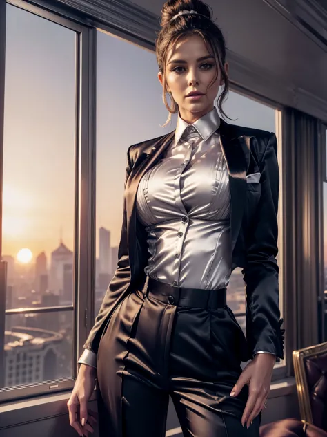 Cheryl Cole as corporate CEO, ((satin formal trousers:1.24)), ((platinum satin shirt:1.25)), ((open unbuttoned blazer:1.23)), hi...