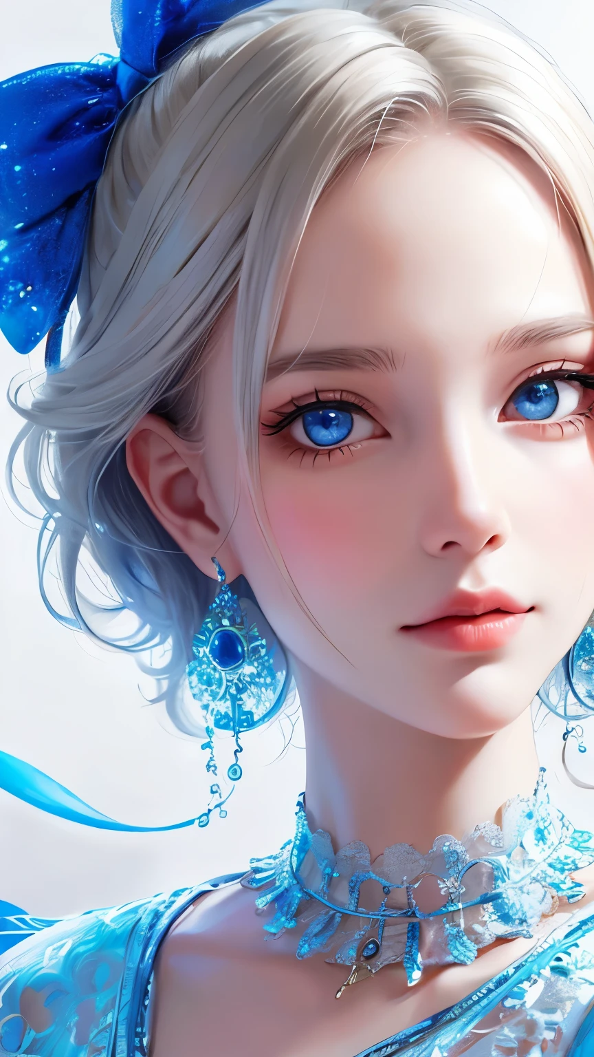 minimalist，fashion girl，white hair，blue background，Wearing special earrings，Bohemian style，Defined eyelashes，Full bright blue eyes，clean通透的眼珠，close up，Portrait facing camera，Smile flat illustration，Geometry，clean，japanese manga