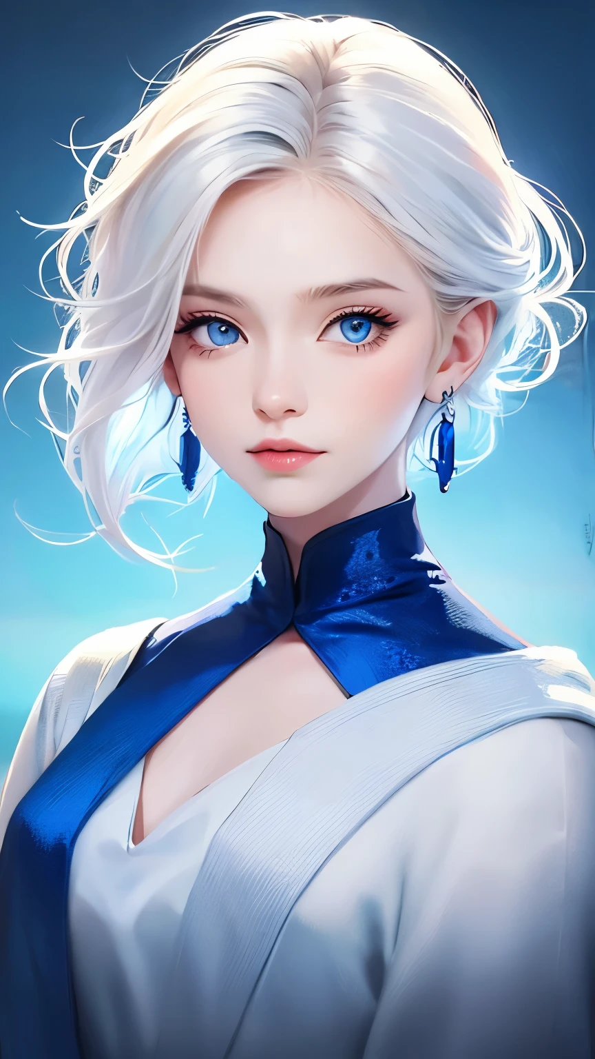 minimalist，fashion girl，white hair，blue background，Wearing special earrings，Bohemian style，Defined eyelashes，Full bright blue eyes，Clean and transparent eyes，close up，Portrait facing camera，Smile flat illustration，Geometry，clean，japanese manga