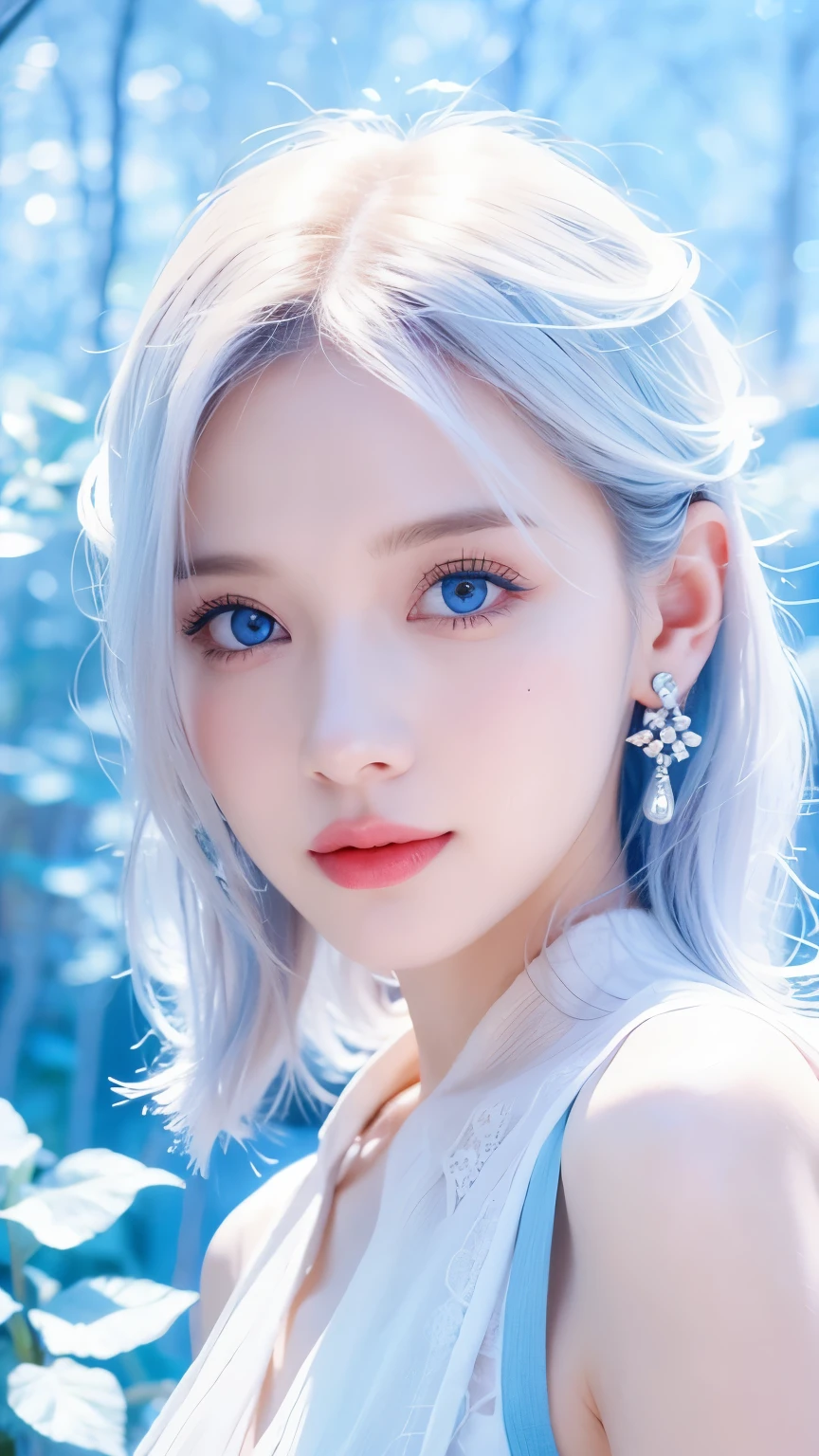 minimalist，fashion girl，white hair，blue background，Wearing special earrings，Bohemian style，Defined eyelashes，Full bright blue eyes，Clean and transparent eyes，close up，Portrait facing camera，Smile flat illustration，Geometry，clean，japanese manga