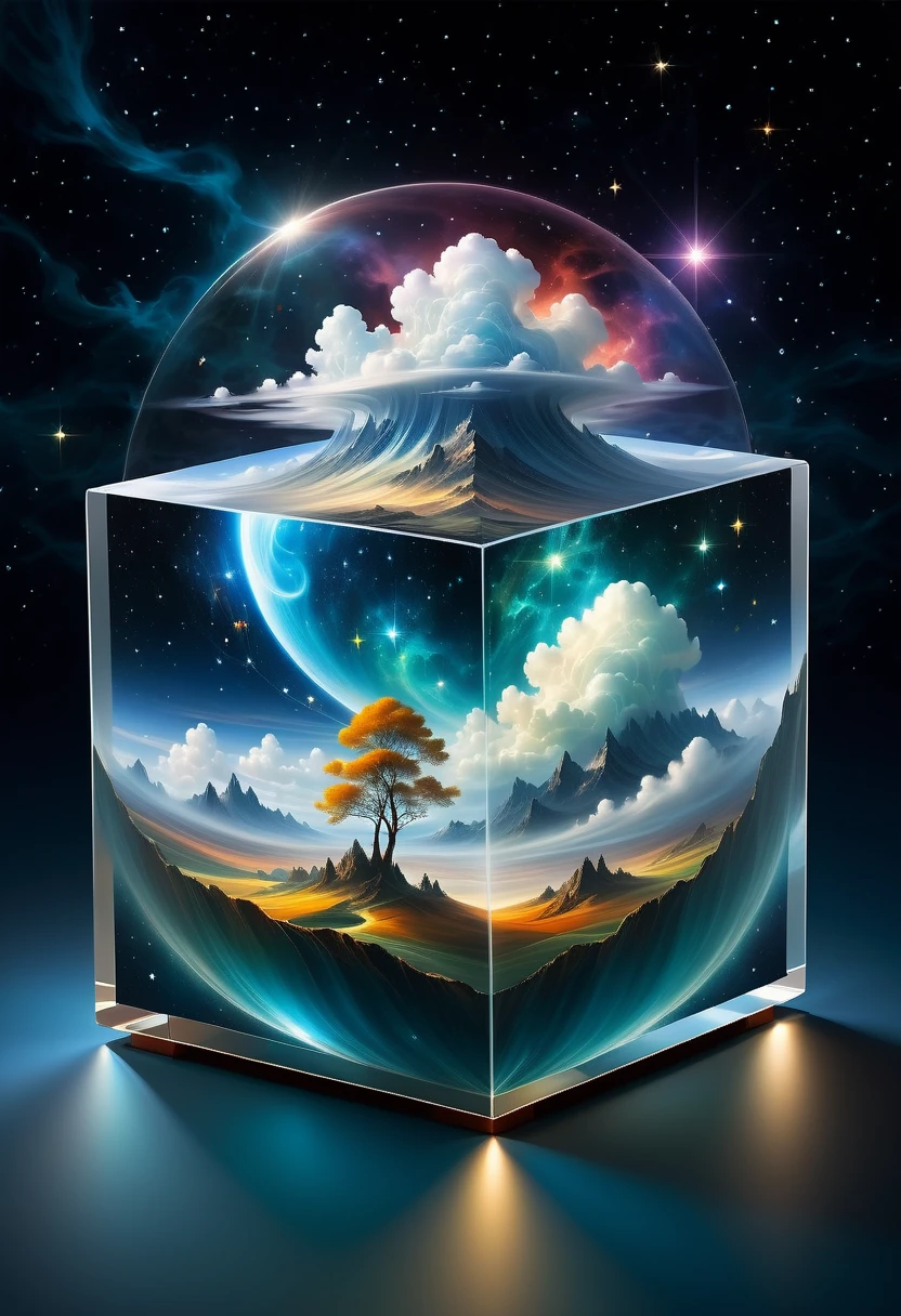 Bosch style, Translucent cube captures eerie clouds, the Starscape warps, Time warp, Surrealism prevails, Star, luminescent, Glittering