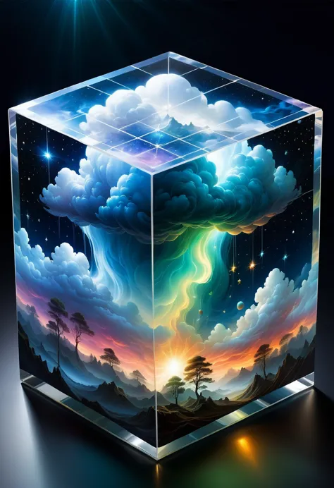 bosch style, translucent cube captures eerie clouds, the starscape warps, time warp, surrealism prevails, star, luminescent, gli...