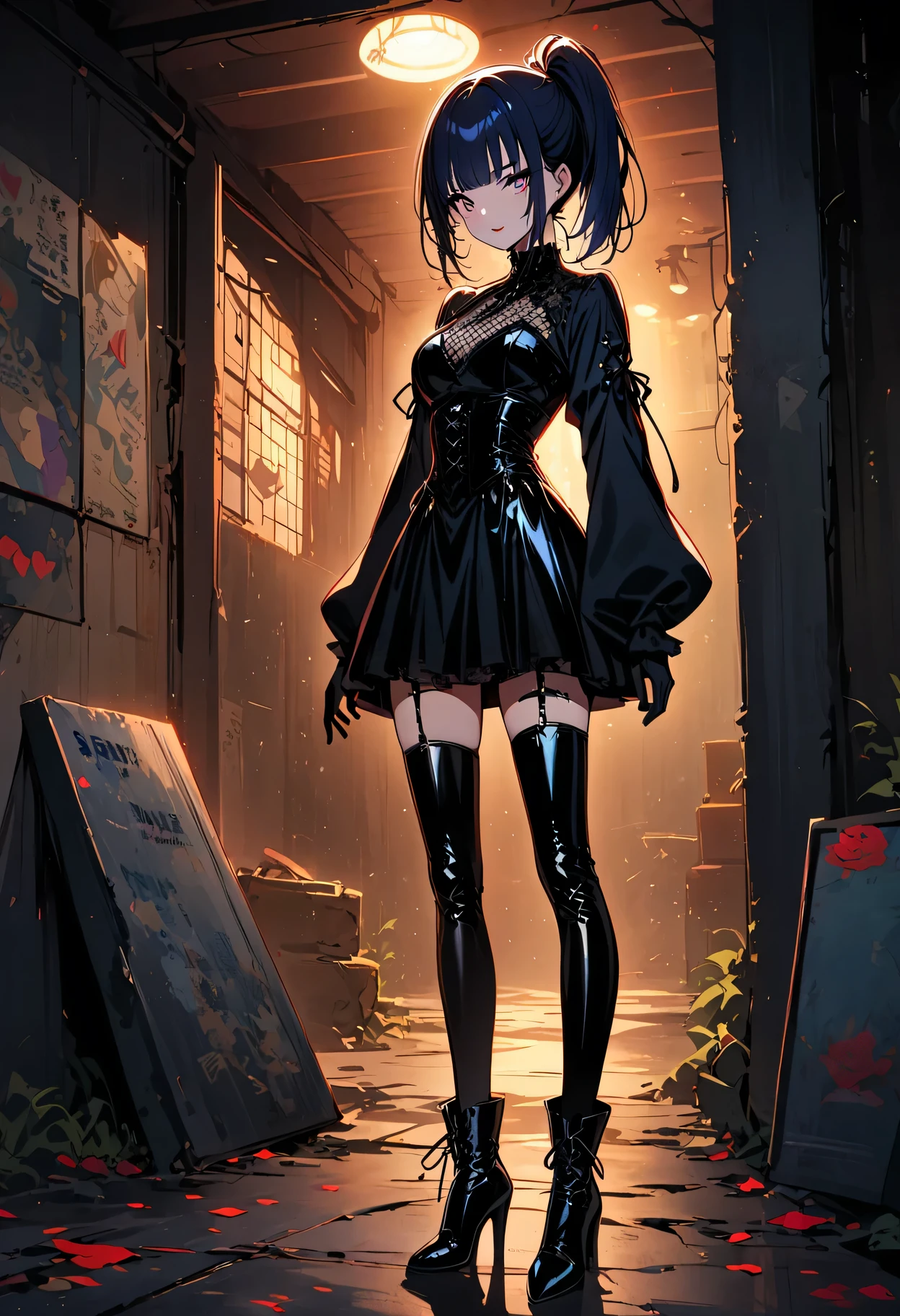 (Full body image of latex gothic fashion girl: 1.5), Japanese cartoons, Lovely, Smoky makeup, dark blue hair, blunt bangs, Straight short Bob, Blue three white eyes, black gloves, Latex knee-high boots, High-gloss finish, Super detailed, (basement), 8K.