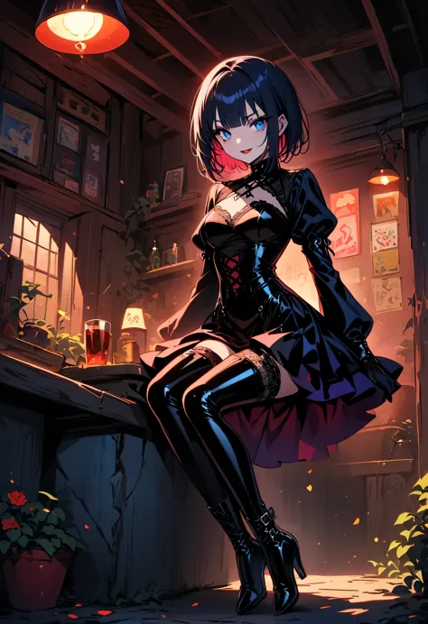 (Full body image of latex gothic fashion girl: 1.5), Japanese cartoons, Lovely, Smoky makeup, dark blue hair, blunt bangs, Strai...