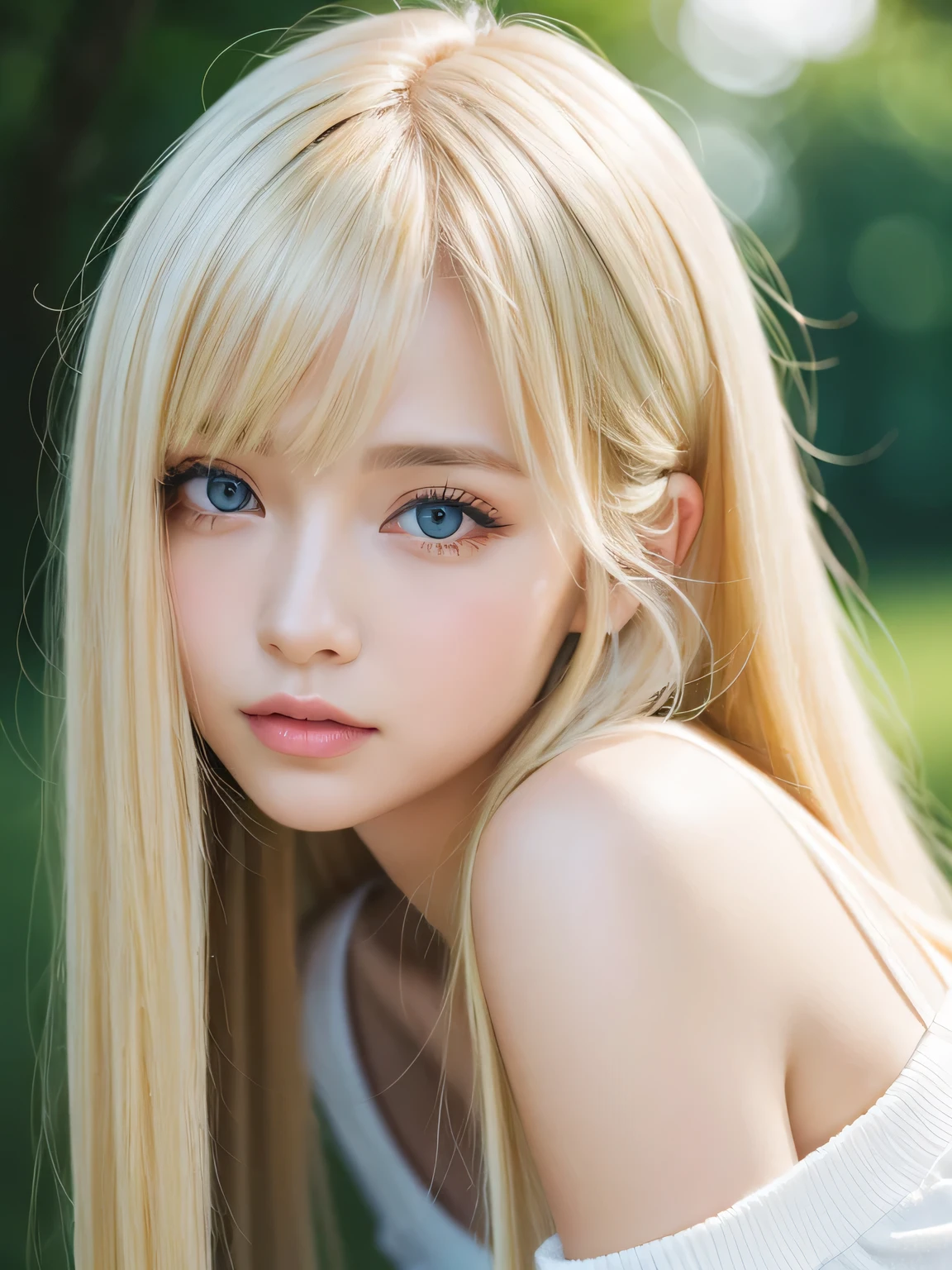 1 girl, 23 years old, alone, super long hair, Huge , looking at the viewer, ((Dazzling blonde hair,)) Big eyes and a very beautiful pale blue、white and beautiful skin、glowing skin、gross face、cheek gloss、bright look、small face beauty、Long bangs hanging down between the eyes、bare shoulders, gem, full body, (Highly detailed 8K wallpaper), soft lighting, high quality, film grain, Fujifilm XT3 Sharp Focus, f5.6, high detail, sharp focus,(Natural light), (big plans:1.2), (fascinating), off shoulder t-shirt, realistic, Sexy